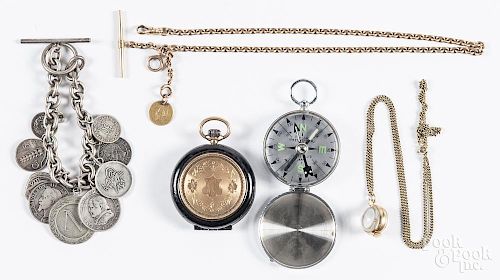 French gold pocket watch, 19th c., hallmarked SG, with a key, together with a watch fob