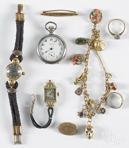 Gold and gold-filled jewelry, to include a lady's wristwatch, marked Rolex.
