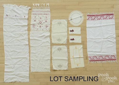 Linens, to include two embroidered show towels, one dated 1848.