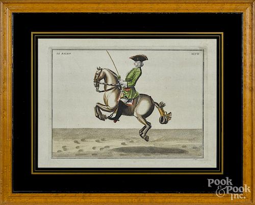 Four French color engravings, 18th c., of equestrian scenes, 10'' x 14''.