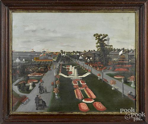 American oil on canvas landscape, late 19th c., depicting the Chicago World's Fair, 15'' x 19''.