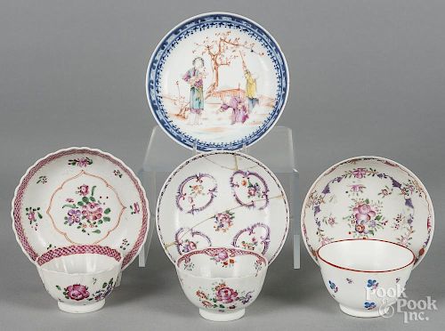 Four Chinese export porcelain saucers, together with three cups, 18th/19th c.