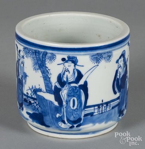 Chinese blue and white porcelain brush pot, 4 1/2'' h.