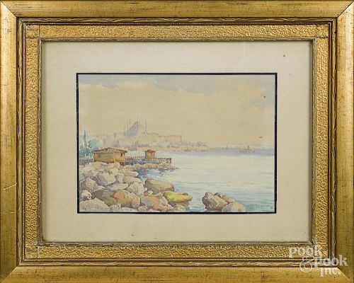 Watercolor, in the manner of Paul Signac, depicting the port of Marseilles, 7 3/4'' x 11''.