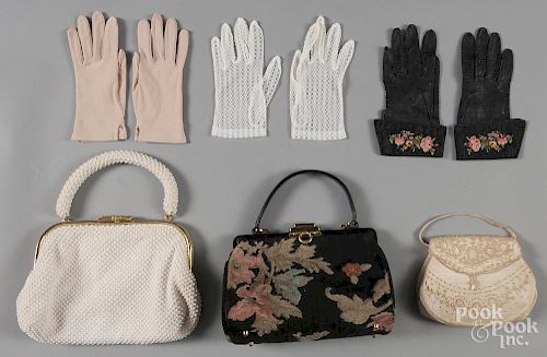 Three vintage purses, together with twelve pairs of lady's gloves.