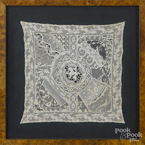 Framed lace embroidery, 19th c., 13'' x 13''.