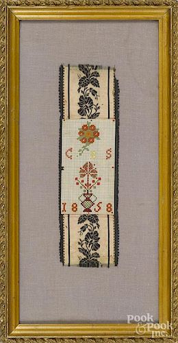 Two framed petit point embroideries, 4 1/2'' x 4 1/2'' and 5'' x 3'', together with a sampler
