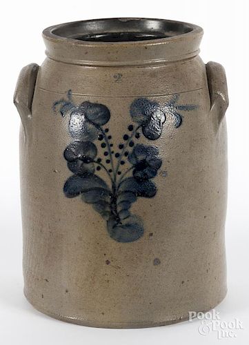 Two-gallon stoneware crock, 19th c., with cobalt floral decoration, 11 1/4'' h.