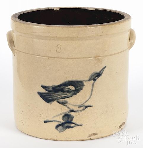 Three-gallon stoneware crock with cobalt bird decoration, 10'' h.