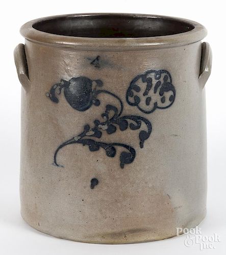 Four-gallon stoneware crock, 19th c., with cobalt floral decoration, 11 5/8'' h.