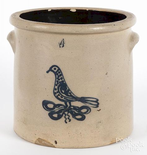 Four-gallon stoneware crock, 19th c., with cobalt bird decoration, 11 1/2'' h.