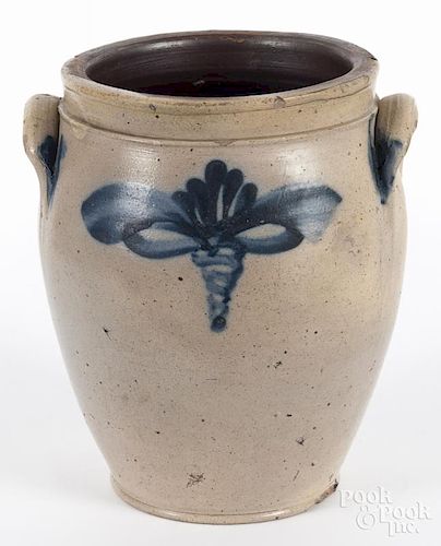 Stoneware crock, 19th c., with double sided foliate decoration, 9 1/4'' h.