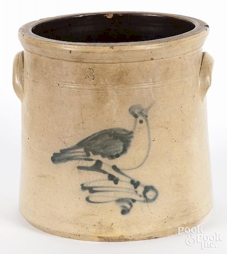 Three-gallon stoneware crock, 19th c., with cobalt bird decoration, 10 1/2'' h.