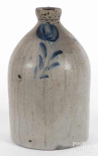Stoneware jug, 19th c., with cobalt tulip decoration, 11 1/2'' h.