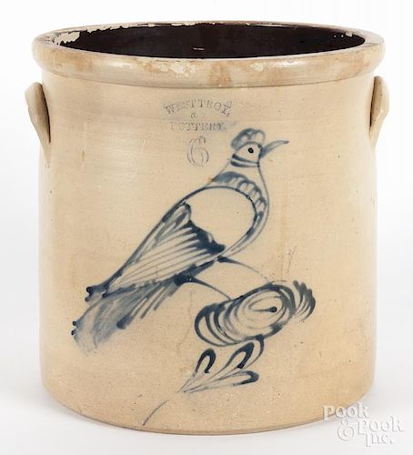 New York six-gallon stoneware crock, 19th c., impressed West Troy N.Y. Pottery, with cobalt bird