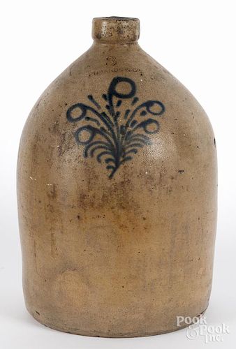Three-gallon stoneware jug, 19th c., impressed Edmands & Co., with cobalt floral decoration