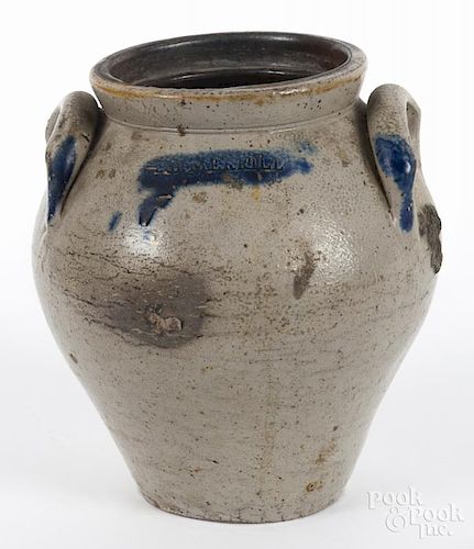 Stoneware crock, 19th c., impressed E.H. Merrill, with cobalt highlights, 9'' h.