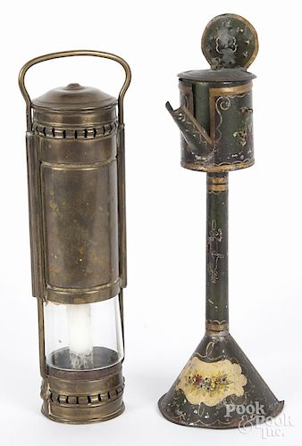 Brass miner's lamp, 13 1/4'' h., together with a tin fat lamp, 14'' h.