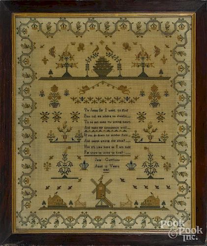 English silk on linen sampler, dated 1841, wrought by Jane Griffith, 19 3/4'' x 16 1/4''.