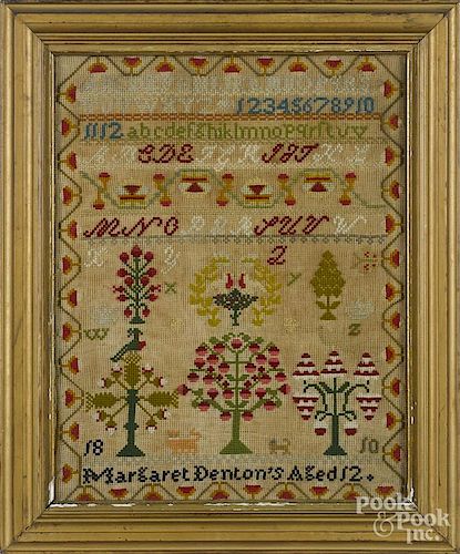 Wool on linen sampler, dated 1810, wrought by Margaret Denton, 15 1/2'' x 12''.