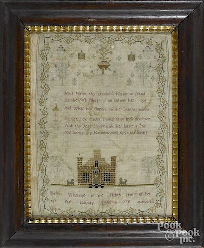 English silk on linen sampler, dated 1792, wrought by Mary Wiltshire, 17 1/4'' x 12 1/2''.