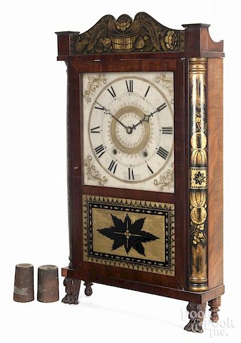 E. Terry & Son mahogany and stencil decorated mantel clock, 19th c., 28 1/2'' h., 16 1/2'' w.