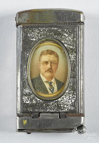 Teddy Roosevelt political match vesta safe, ca. 1900, one side with a portrait