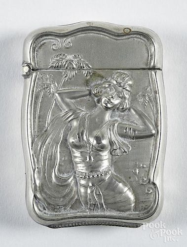 Embossed nickel silver match vesta safe, ca. 1900, with an attractive young woman with palm trees