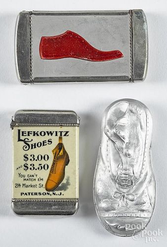 Three shoe advertising match vesta safes, ca. 1900, one for Lefkowitz Shoes - Paterson N. J.