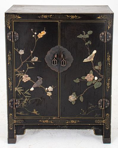 Chinese Stone Inlaid Black Lacquer Cabinet