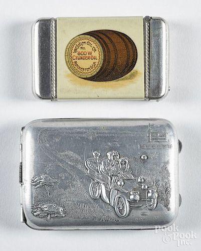 Embossed aluminum advertising match vesta safe, ca. 1900, with a touring car