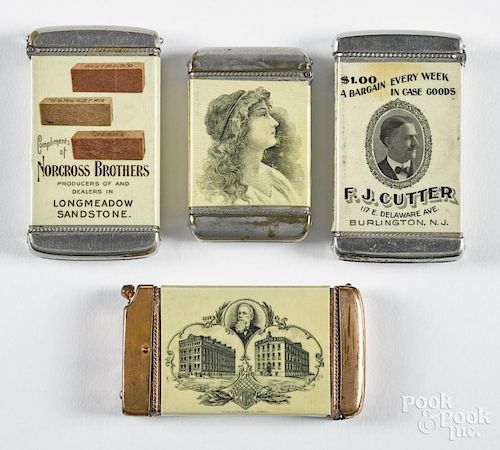 Four advertising match vesta safes, ca. 1900, to include F. J. Cutter Burlington N. J.