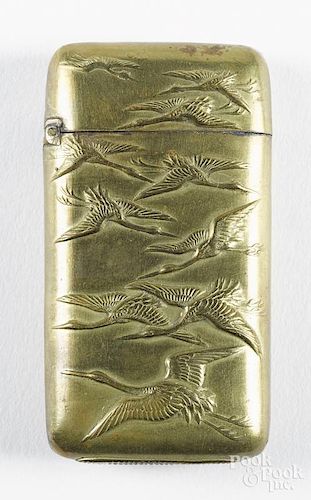 Japanese embossed brass crane match vesta safe, ca. 1900, 2 1/2'' h.