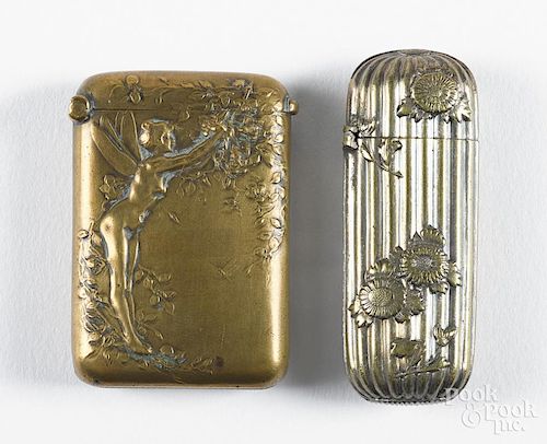 French embossed brass nymph match vesta safe, ca. 1900, 1 7/8'' h.