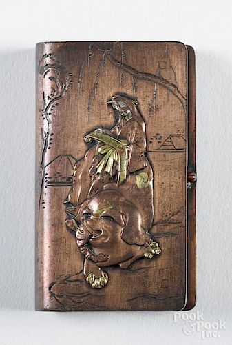 Japanese mixed metal book-form match vesta safe, ca. 1900, with an image of Guanyin on an elephant