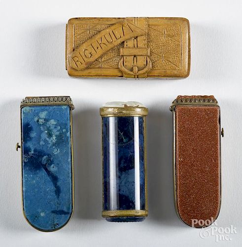 Two blue agate hardstone match vesta cases, ca. 1900, one with a cameo cap