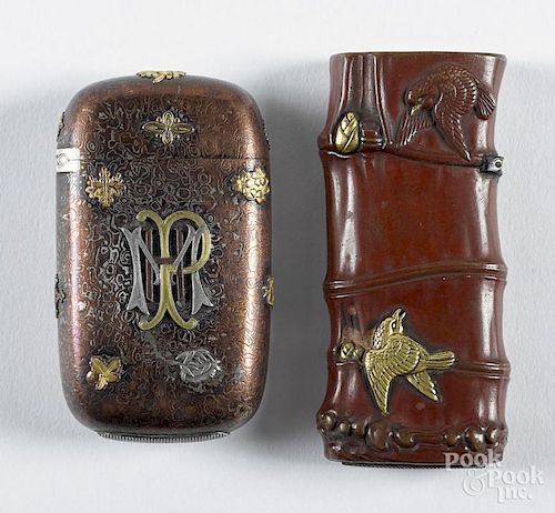Two Japanese mixed metal match vesta safes, ca. 1900, to include one of bamboo form with birds