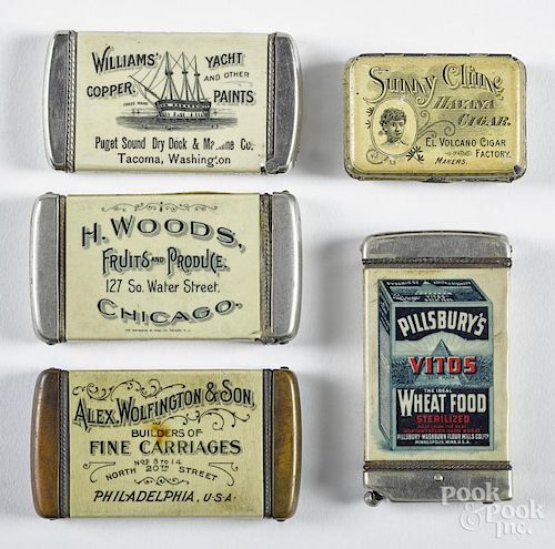 Five advertising match vesta safes, ca. 1900, to include H. Woods Chicago Il. Fruits and produce