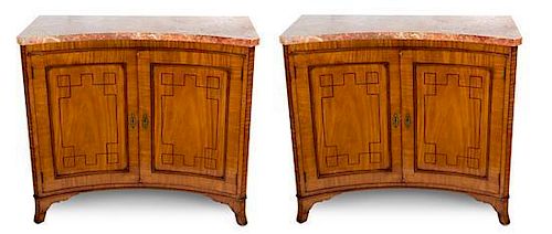 A Pair of Regency Satinwood and Mahogany-Strung Concave-Fronted Side Cabinets Height 35 x width 40 x depth 18 inches.