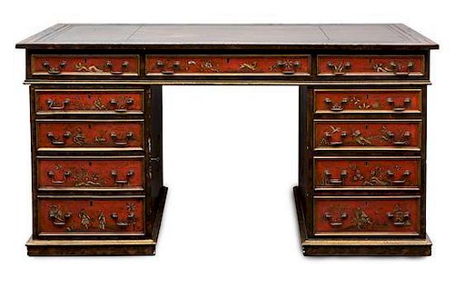 A Georgian Style Japanned Double Pedestal Desk Height 31 1/2 x width 61 1/2 x depth 28 1/2 inches.