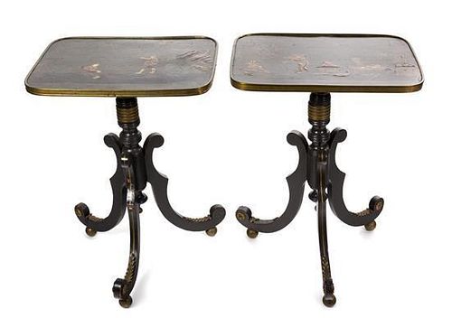 A Pair of Regency Green and Polychrome-Japanned Occasional Tables Height 24 3/4 x width 18 1/2 inches.
