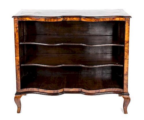 A Pair of Italian Rococo Style Walnut Bookcases Height 40 x width 44 x depth 13 3/4 inches.