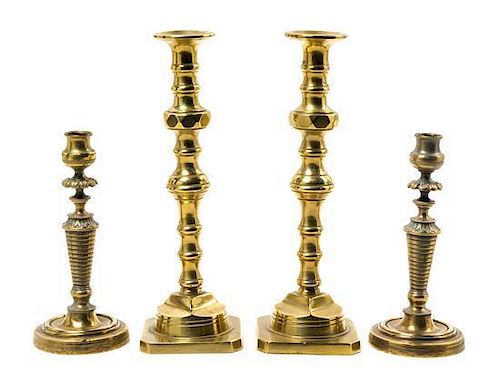 Two Pairs of Brass Candlesticks Height of first 12 inches.