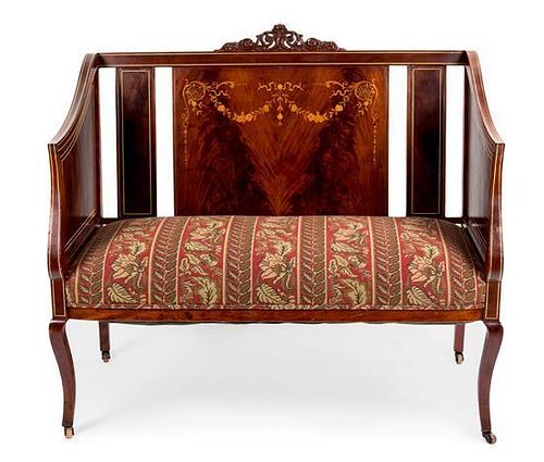An Edwardian Marquetry Inlaid Small Settee Length 41 1/2 inches.