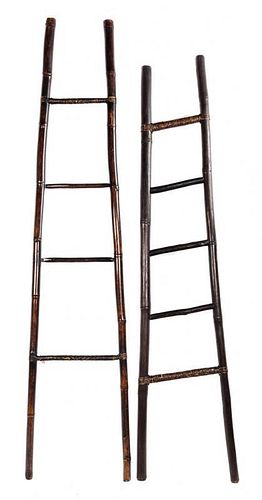 A Pair of Rattan and Ebonized Faux Bamboo Ladders Height of first 83 inches.