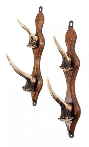 A Pair of German Horn and Oak Coat Racks Height 13 1/2 inches.