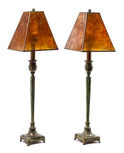 A Pair of Bronze Patina Metal Candlestick-Form Table Lamps Height 23 inches.
