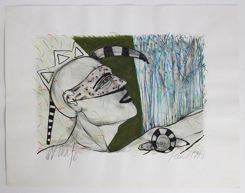Moises Finale (Cuban, b. 1957) Man in Dotted Mask & Snail, 1995, mixed media on paper