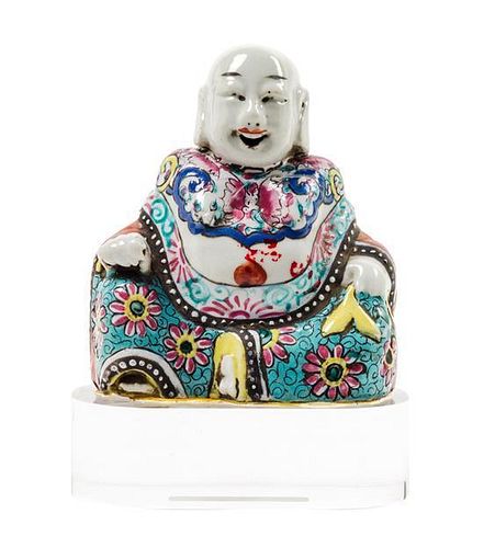 A Chinese Export Famille Rose Porcelain Figure of a Seated Buddha Height 6 inches.