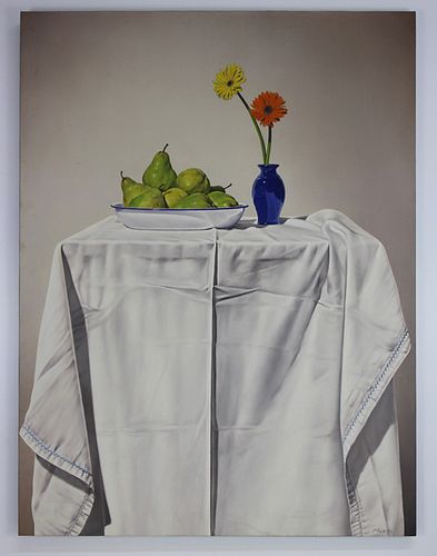 Roberto Mezio (Venezuela, b. 1967) Peras y Flores con Mantel, 2001, oil on canvas
